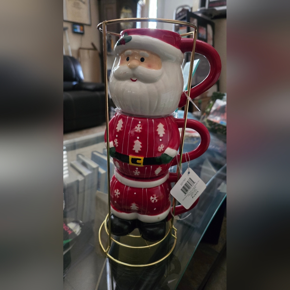 Santa Claus Stacking Mugs Set of Three with rack